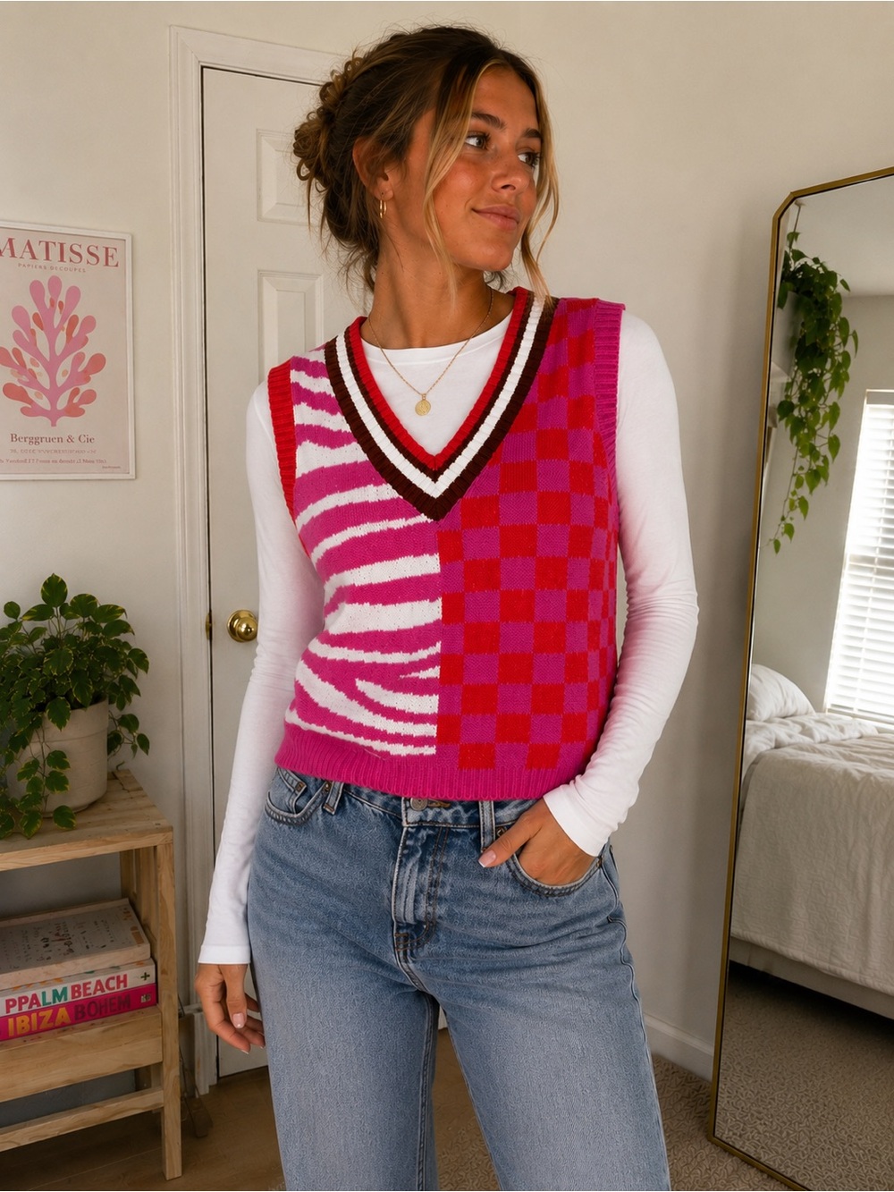 THML Colorblock Sweater Vest XL | Pink Zebra & Checkerboard V-Neck Knit - Picture 2 of 9
